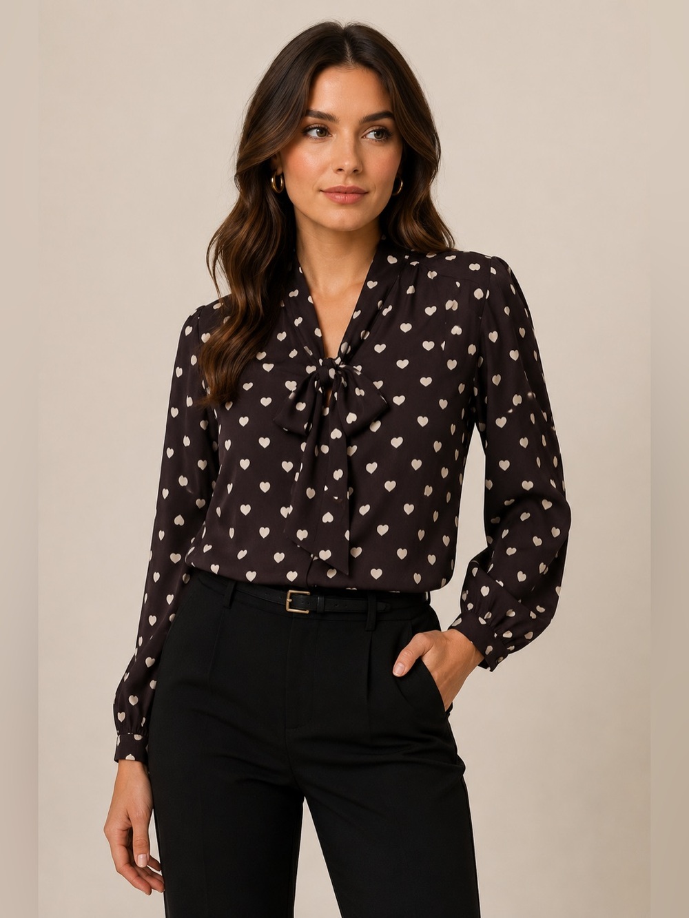 LOFT Heart Print Tie Neck Bow Blouse Black Ivory Long Sleeve size M